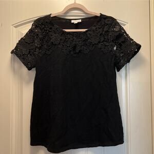 Charter Club Women’s Short Sleeve Cotton‎ Floral Crochet Top Blouse Size M Black